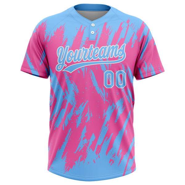 Custom Pink Light Blue-White 3D Pattern Two-Button Unisex Softball Jersey