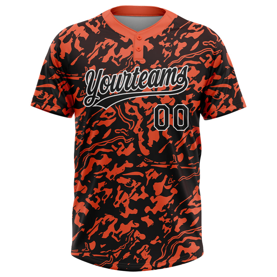 Custom Orange Black-White 3D Pattern Two-Button Unisex Softball Jersey