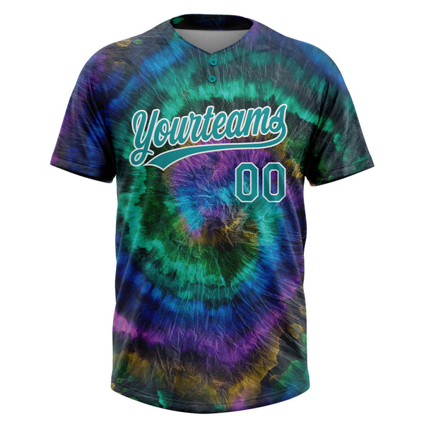 Custom Tie Dye Softball Jersey Teal White 3D Two Button Unisex