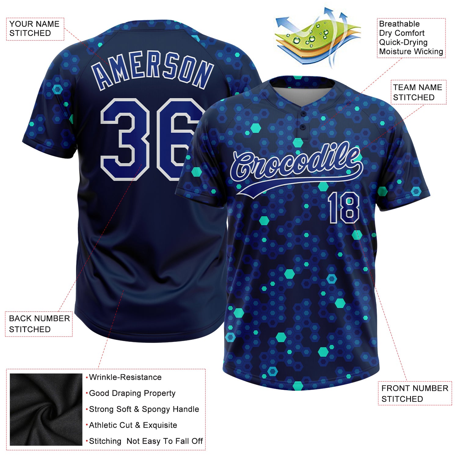 Custom 3D Pattern Softball Jersey Navy Royal-Light Blue Two-Button Unisex -  FansIdea