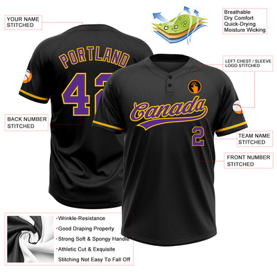 Custom Black Purple-Yellow Two-Button Unisex Softball Jersey