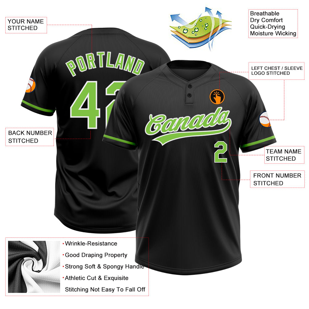 Custom Black Neon Green-White Two-Button Unisex Softball Jersey