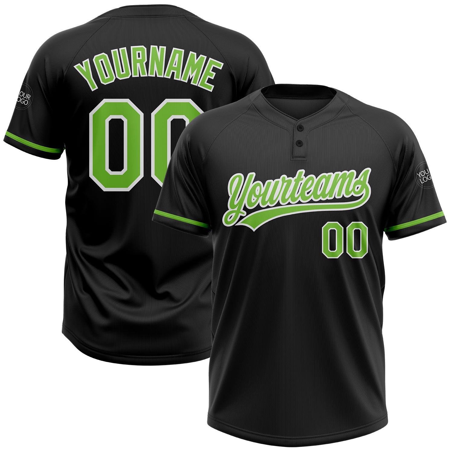 Custom Black Neon Green-White Two-Button Unisex Softball Jersey