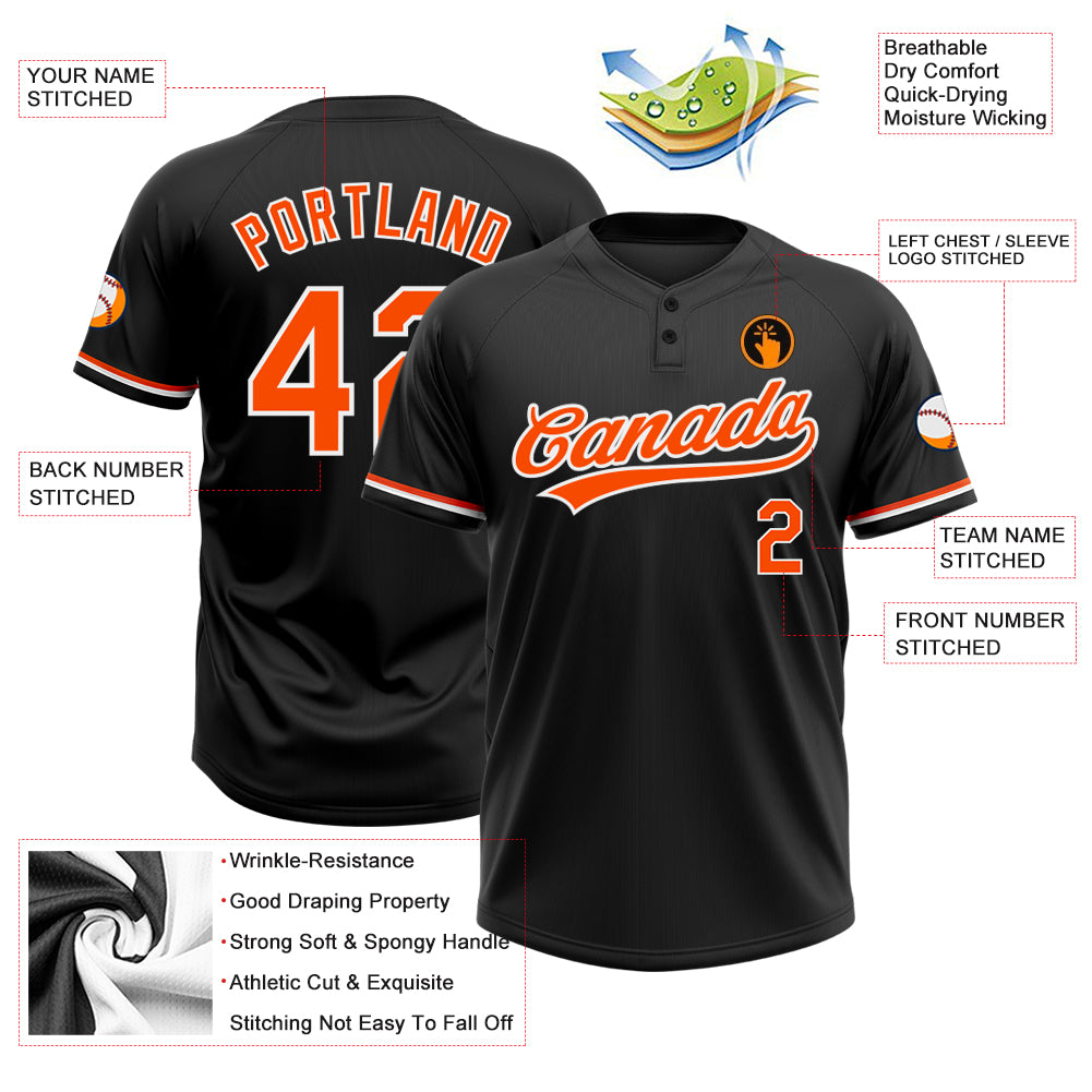 Custom Black Orange-White Two-Button Unisex Softball Jersey