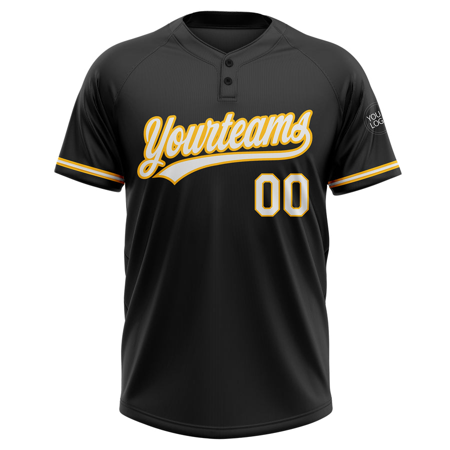 Custom Black White-Gold Two-Button Unisex Softball Jersey