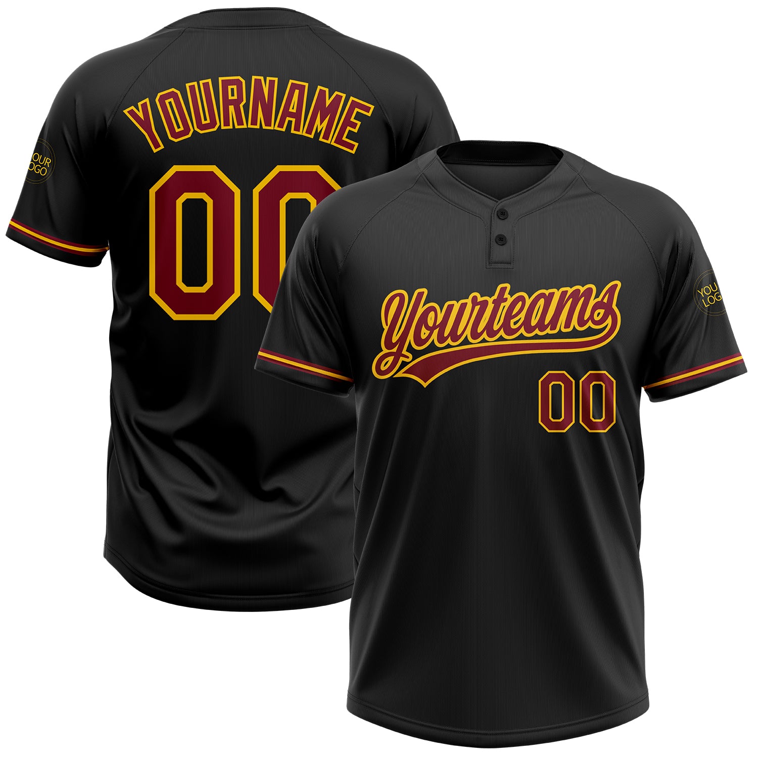 Custom Black Crimson-Yellow Two-Button Unisex Softball Jersey