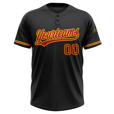 Custom Black Red-Gold Two-Button Unisex Softball Jersey