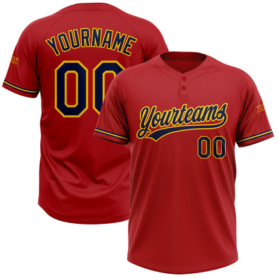 Custom Red Navy-Yellow Two-Button Unisex Softball Jersey