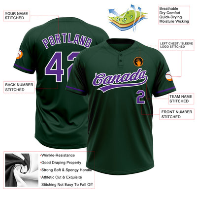 Custom Green Purple-White Two-Button Unisex Softball Jersey