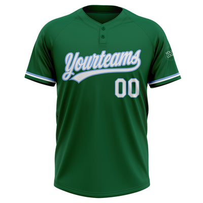 Custom Kelly Green White-Light Blue Two-Button Unisex Softball Jersey