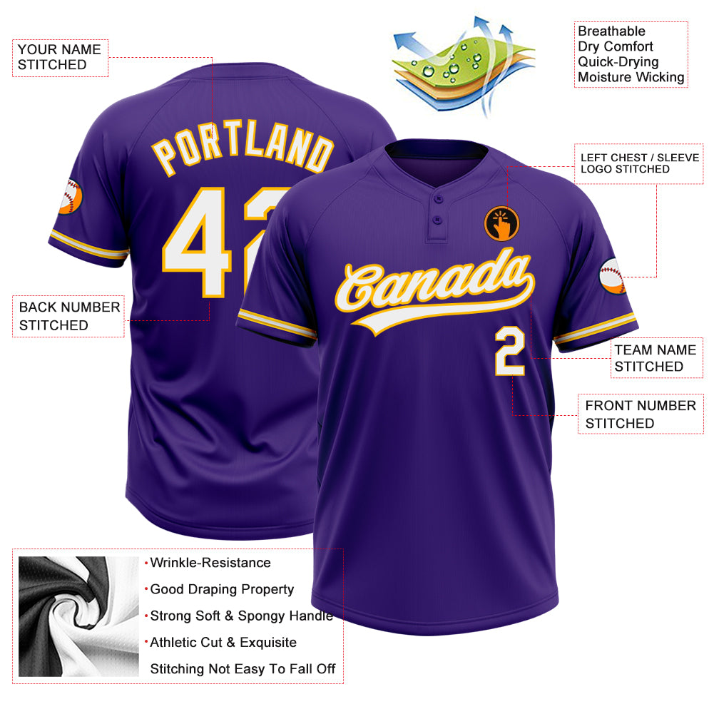 Custom Purple White-Gold Two-Button Unisex Softball Jersey