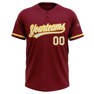 Custom Crimson White-Yellow Two-Button Unisex Softball Jersey