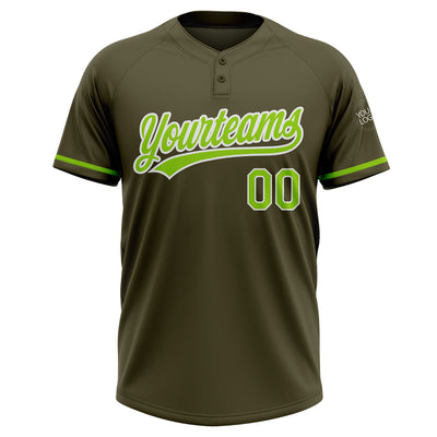 Custom Olive Neon Green-White Salute To Service Two-Button Unisex Softball Jersey