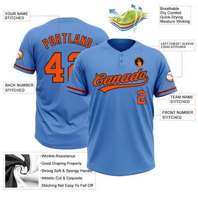 Custom Powder Blue Orange-Black Two-Button Unisex Softball Jersey