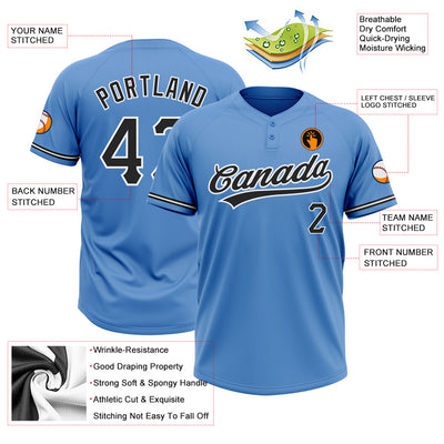 Custom Powder Blue Black-White Two-Button Unisex Softball Jersey