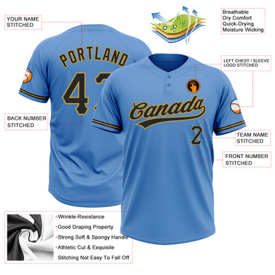 Custom Powder Blue Black-Old Gold Two-Button Unisex Softball Jersey