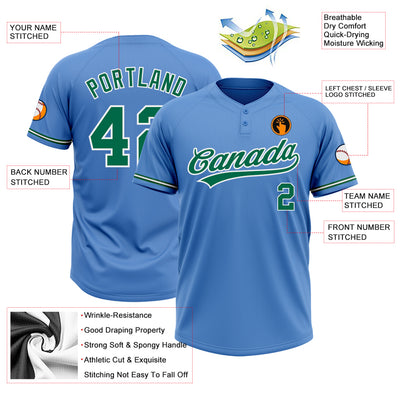 Custom Powder Blue Kelly Green-White Two-Button Unisex Softball Jersey