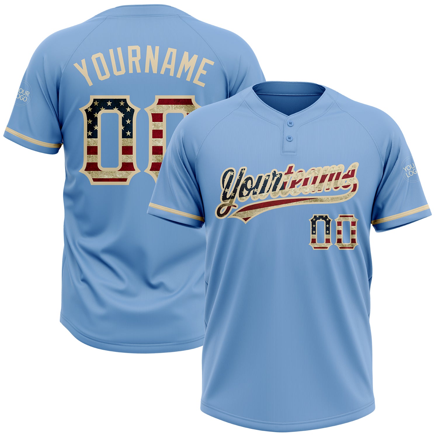 Custom Light Blue Vintage USA Flag-City Cream Two-Button Unisex Softball Jersey