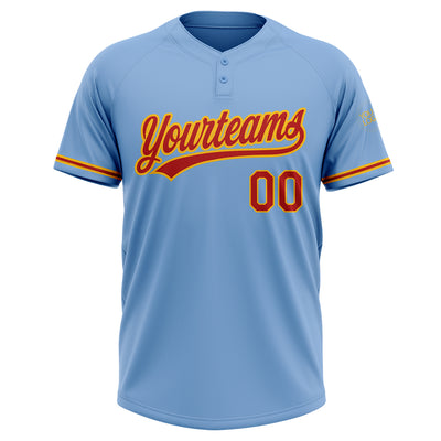 Custom Light Blue Red-Gold Two-Button Unisex Softball Jersey