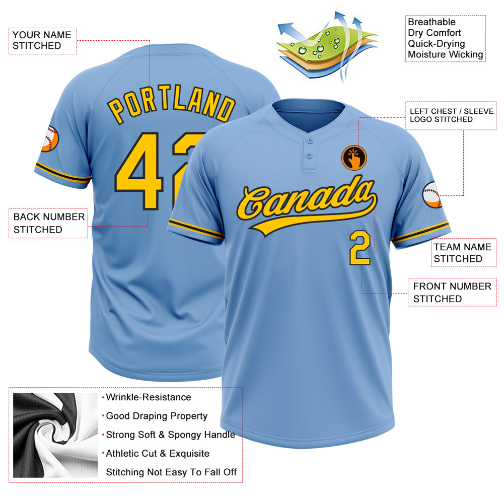 Custom Light Blue Yellow-Black Two-Button Unisex Softball Jersey