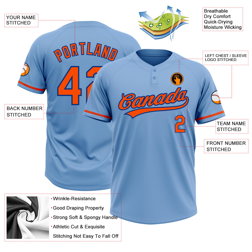 Custom Light Blue Softball Jersey Orange-Royal Two-Button Unisex - FansIdea