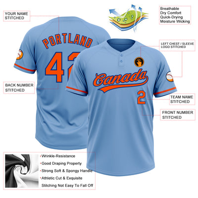 Custom Light Blue Orange-Royal Two-Button Unisex Softball Jersey