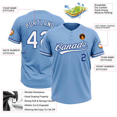 Custom Light Blue White-Royal Two-Button Unisex Softball Jersey