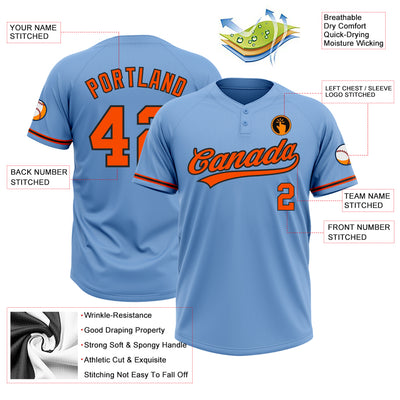 Custom Light Blue Orange-Black Two-Button Unisex Softball Jersey