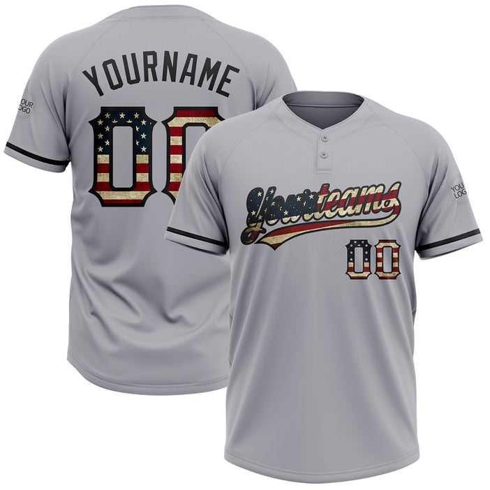 Custom Gray Vintage USA Flag-Black Two-Button Unisex Softball Jersey