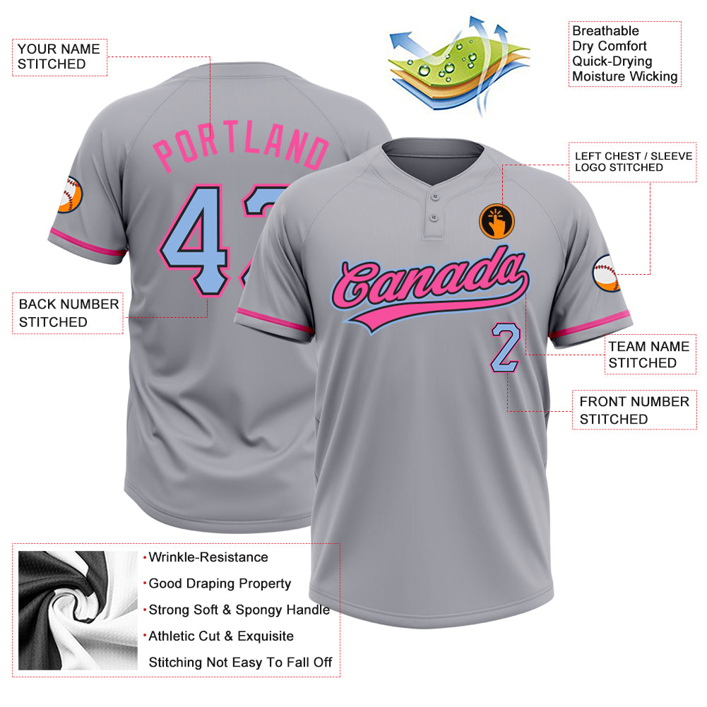 Custom Gray Light Blue Black-Pink Two-Button Unisex Softball Jersey