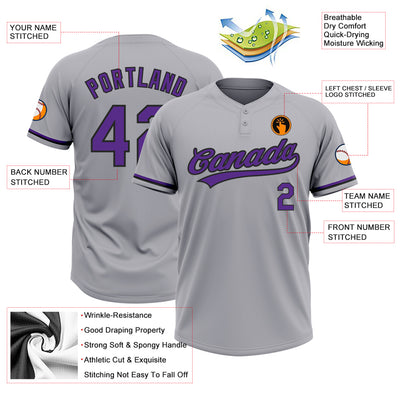 Custom Gray Purple-Black Two-Button Unisex Softball Jersey