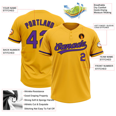 Custom Gold Purple-Black Two-Button Unisex Softball Jersey