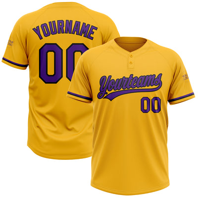 Custom Gold Purple-Black Two-Button Unisex Softball Jersey