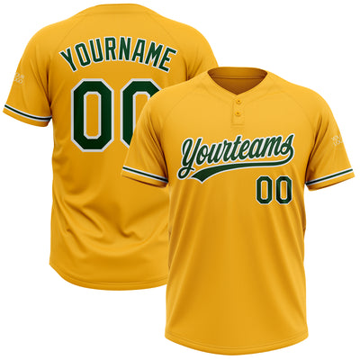 Custom Gold Green-White Two-Button Unisex Softball Jersey