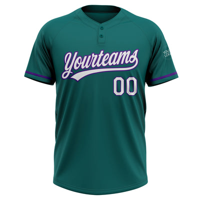 Custom Teal White-Purple Two-Button Unisex Softball Jersey