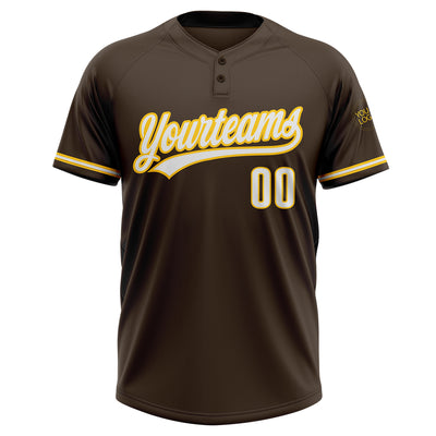 Custom Brown White-Yellow Two-Button Unisex Softball Jersey