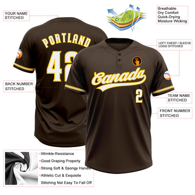 Custom Brown White-Yellow Two-Button Unisex Softball Jersey