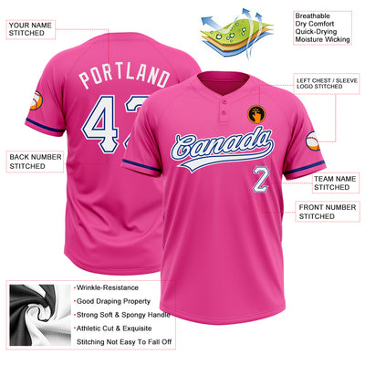 Custom Pink White-Royal Two-Button Unisex Softball Jersey