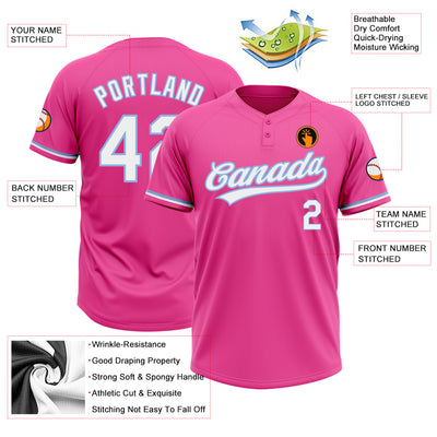 Custom Pink White-Light Blue Two-Button Unisex Softball Jersey