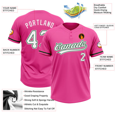 Custom Pink White-Green Two-Button Unisex Softball Jersey