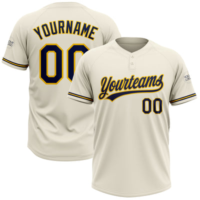 Custom Cream Navy-Yellow Two-Button Unisex Softball Jersey