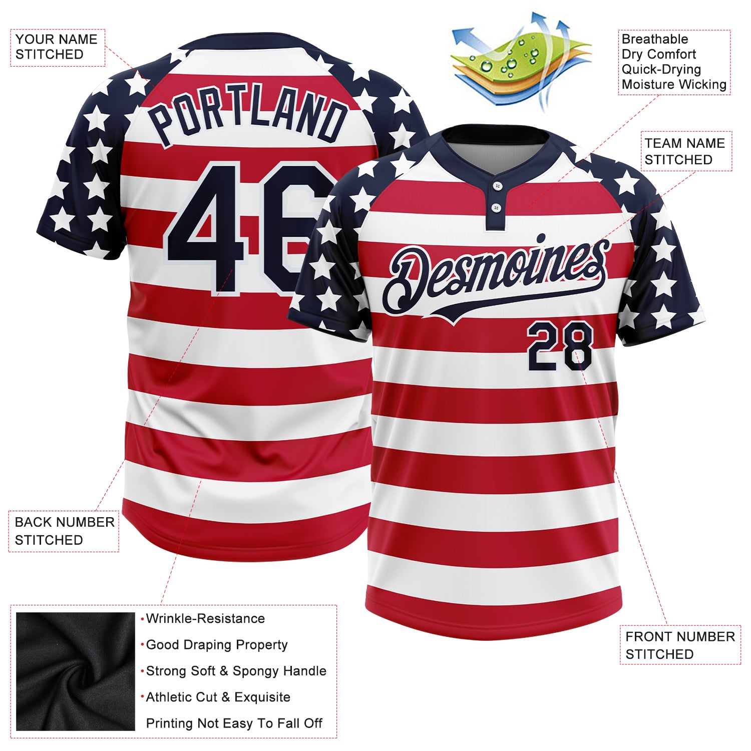 Custom White Navy-Red 3D American Flag Fashion Two-Button Unisex Softball Jersey