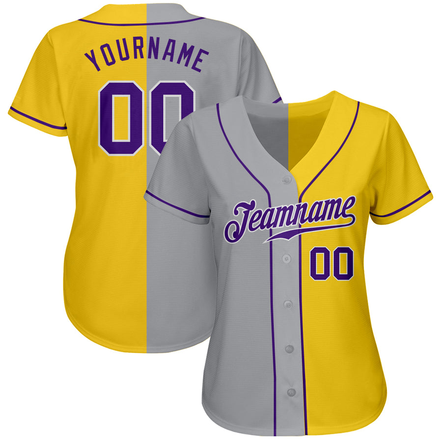 Custom Yellow Purple Gray-White Authentic Split Fashion Baseball Jersey