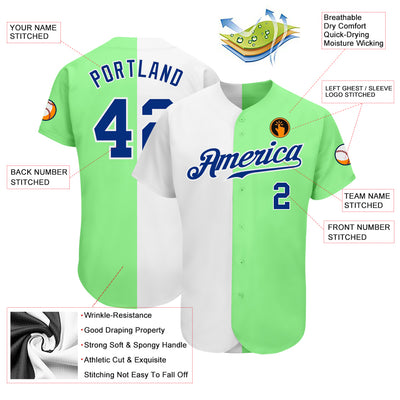 Custom Pea Green Royal-White Authentic Split Fashion Baseball Jersey