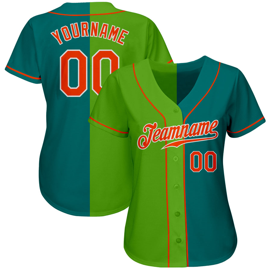 Custom Teal Orange Neon Green-White Authentic Split Fashion Baseball Jersey