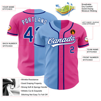 Custom Pink Royal-Light Blue Authentic Split Fashion Baseball Jersey