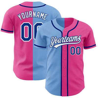 Custom Pink Royal-Light Blue Authentic Split Fashion Baseball Jersey