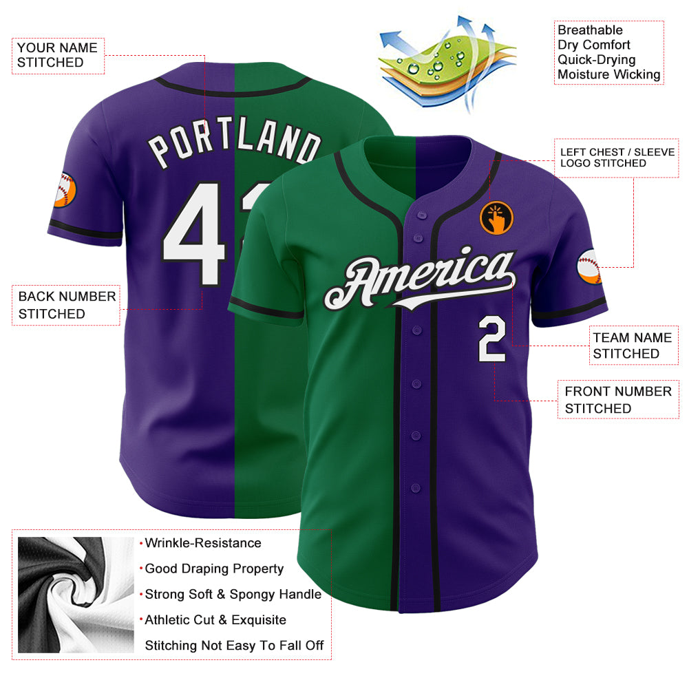 Custom Kelly Green Purple-Yellow Authentic Split Fashion Baseball Jersey