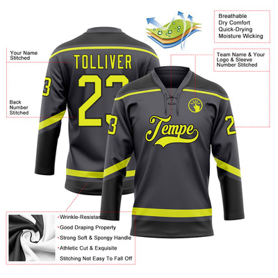 Custom Steel Gray Neon Yellow-Black Hockey Lace Neck Jersey