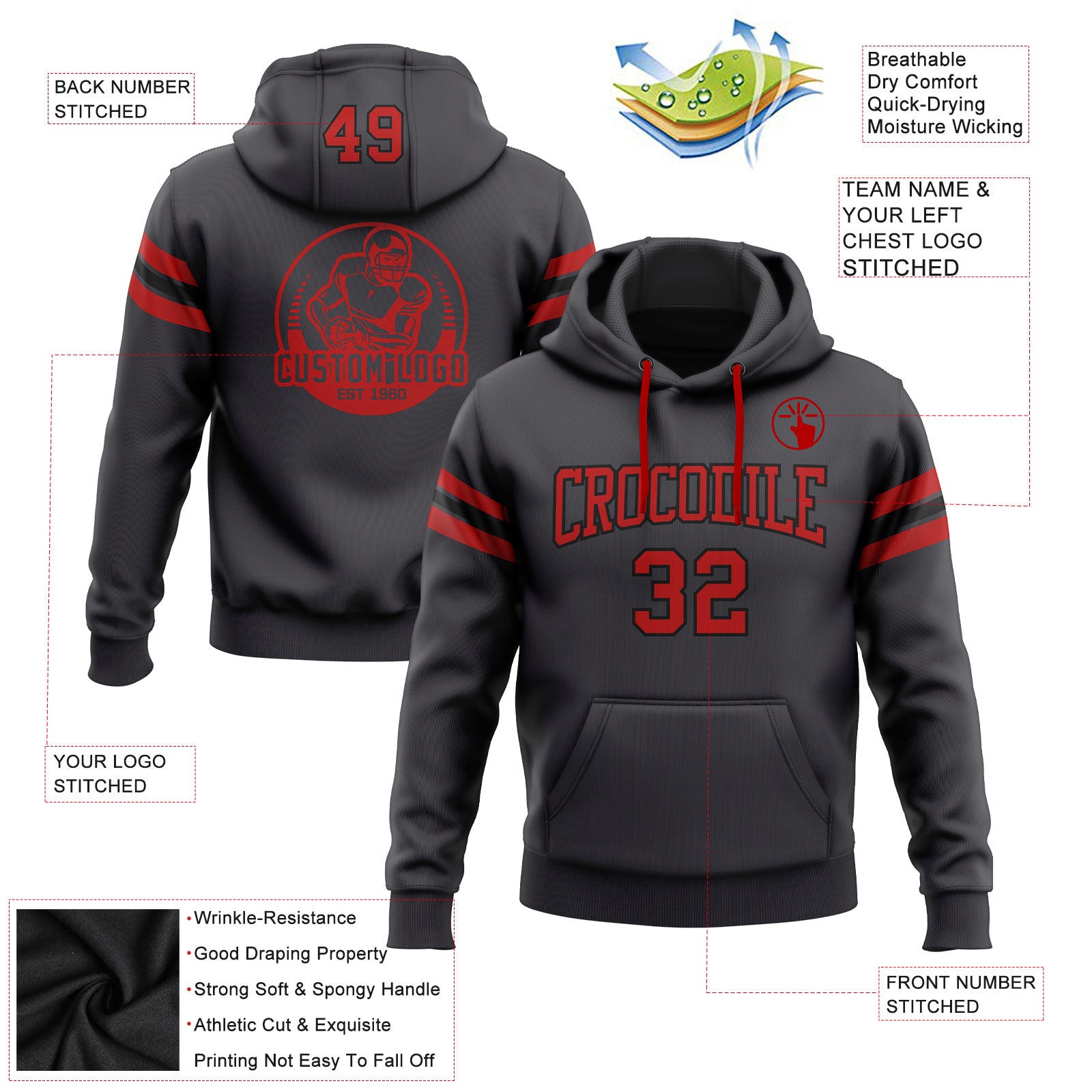 Custom Stitched Steel Gray Red-Black Football Pullover Sweatshirt Hoodie